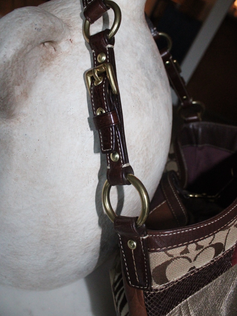 Coach Brown Patchwork Signature Canvas & Leather Shoulder Bag with Gold Hardware